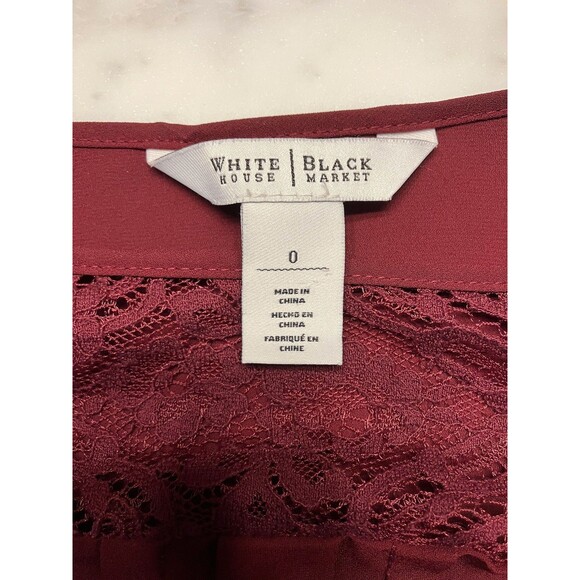 White House Black Market Sz 0 Maroon Long Sleeve Lace Insert Blouse - Picture 2 of 7